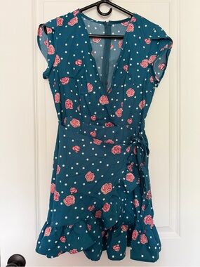 Teal Floral Wrap Dress with Polka Dots